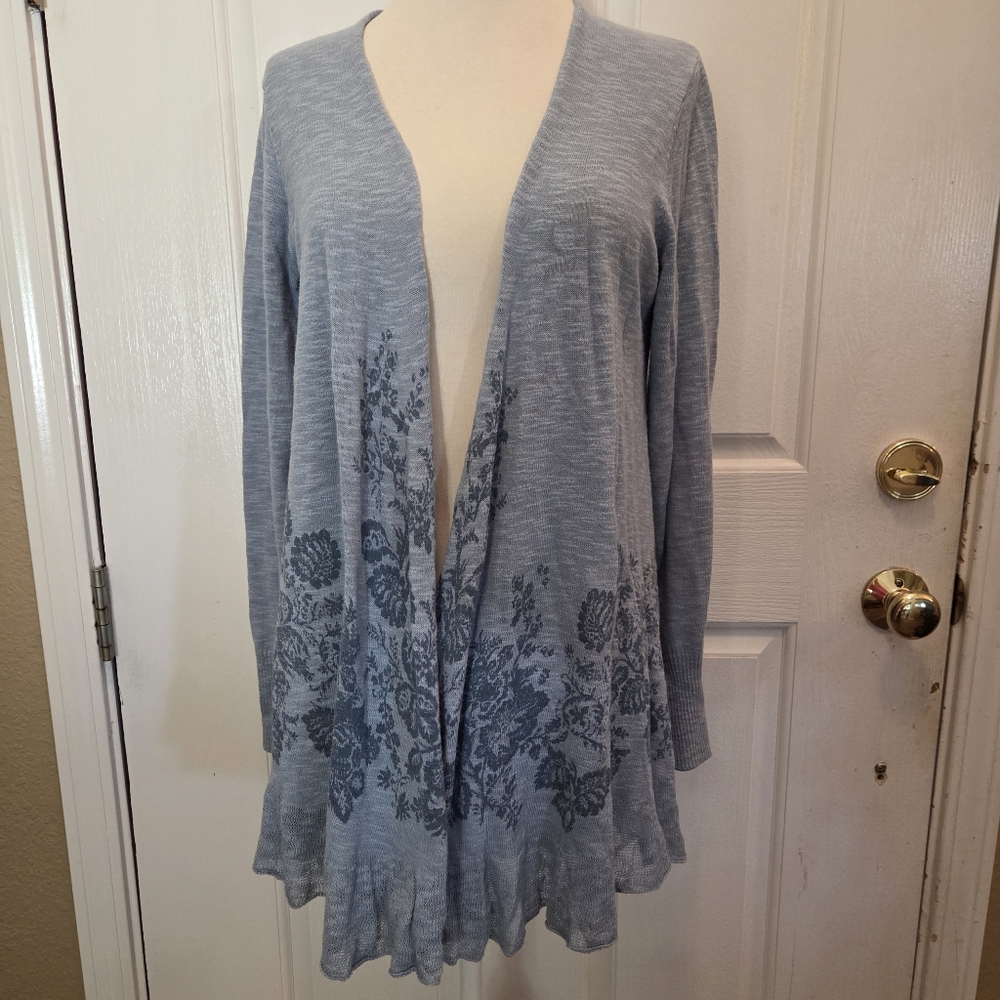 LOGO Lori Goldstein Open Cardigan Sweater Knit Lightweight Blue Small Floral